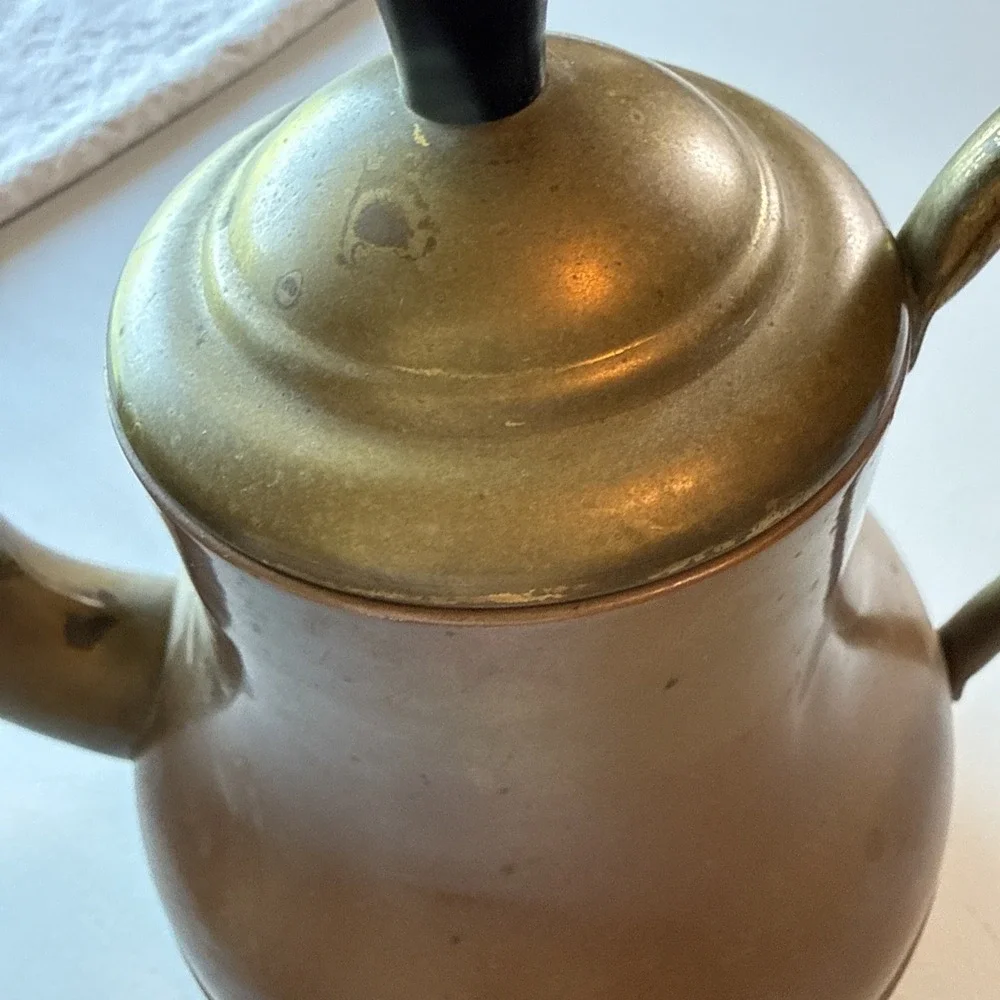 Vintage Copper and Brass Tea Pot with Lid and Wrapped Handle Decor (read)